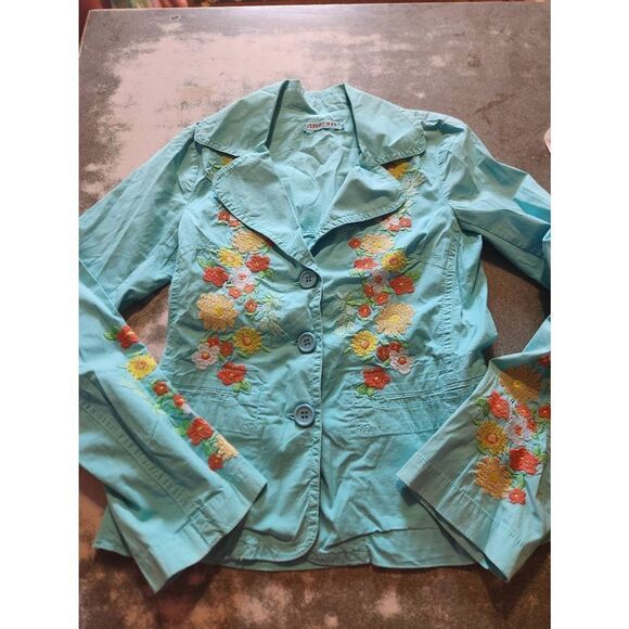 Johnny Was light blue floral embroidered jacket sz Small
